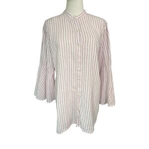 Chaps Striped Linen Blend Button Front Blouse Women’s XL Bell Sleeve Red White